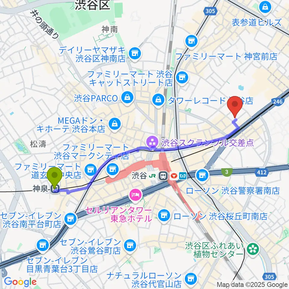 神泉駅からl'atelier by apcへのルートマップ地図