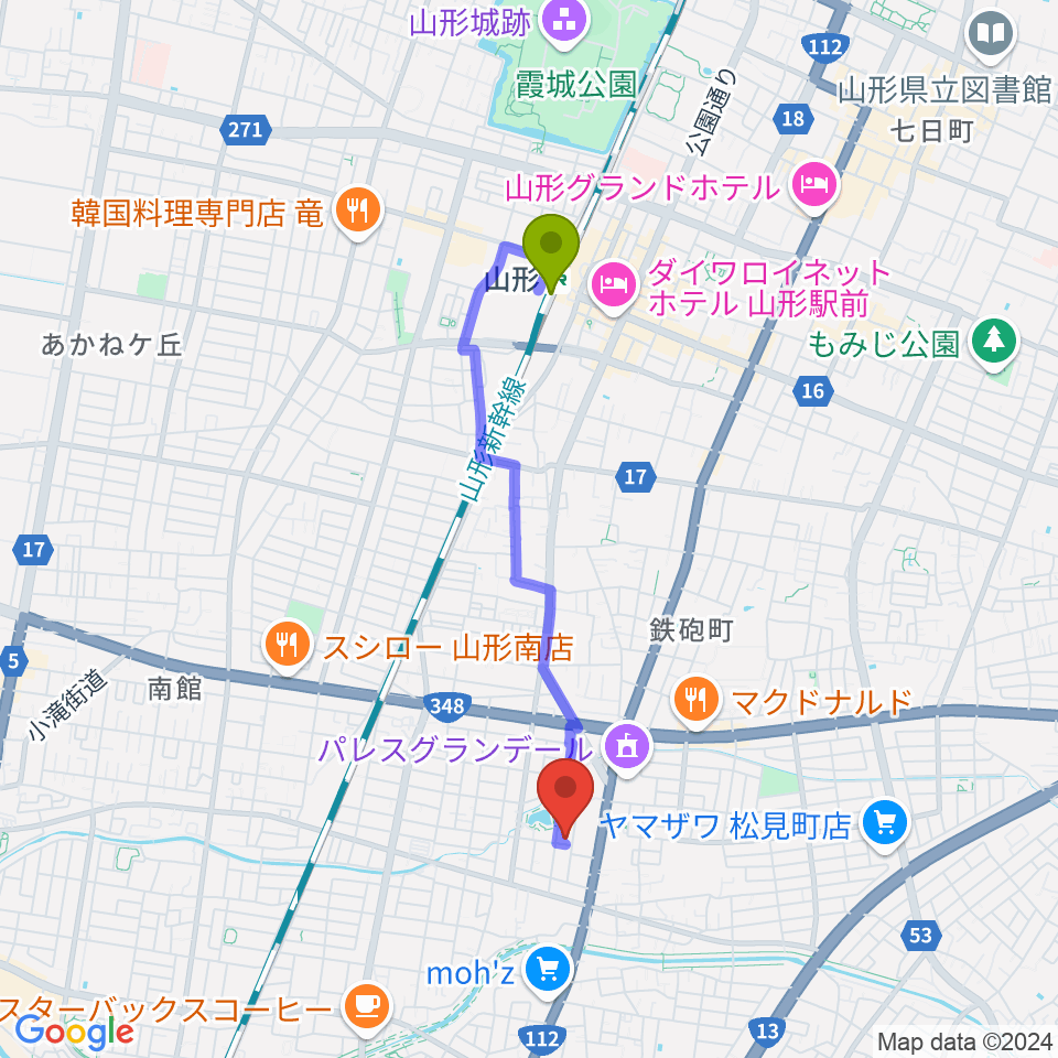 彩雲弦楽器工房の最寄駅山形駅からの徒歩ルート（約31分）地図