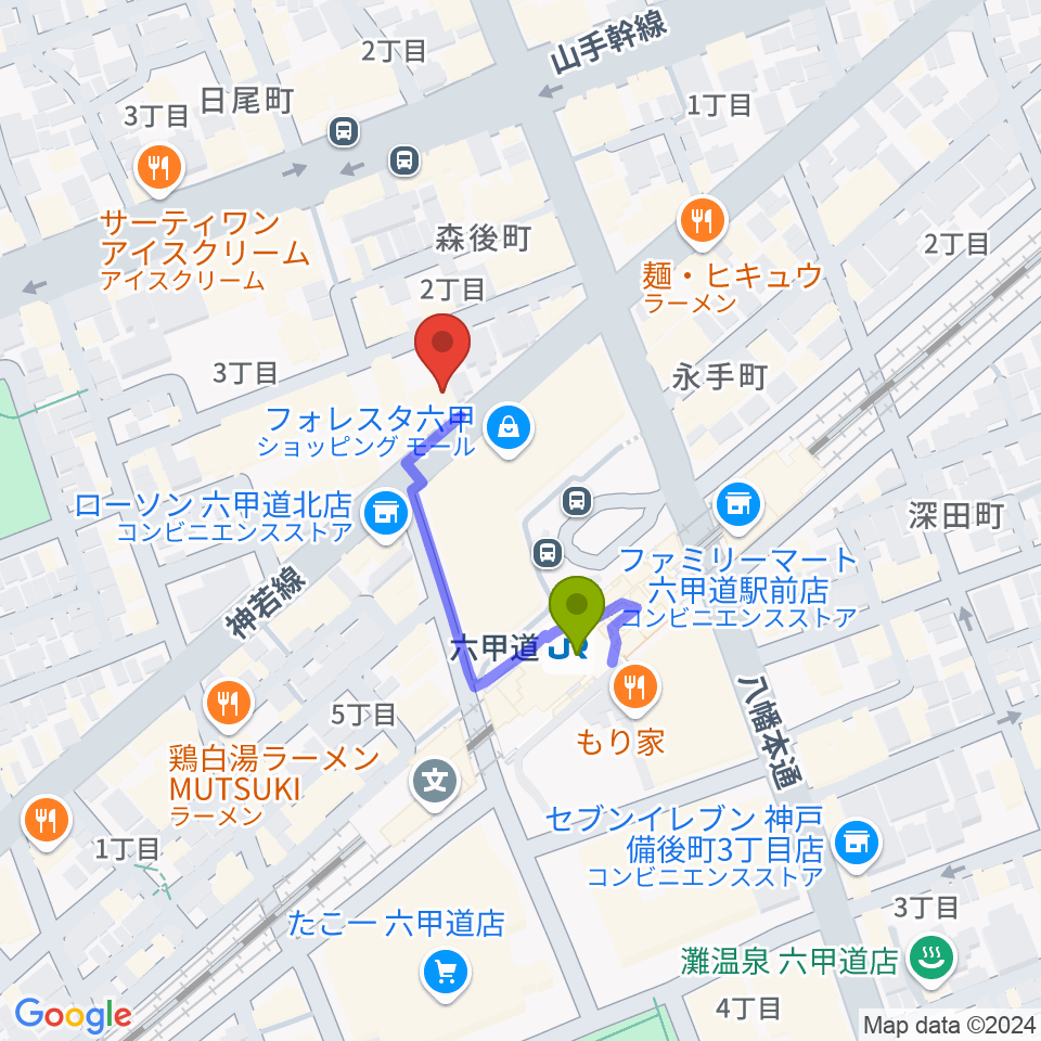 音楽練習室スタジオアコースティックの最寄駅六甲道駅からの徒歩ルート（約2分）地図