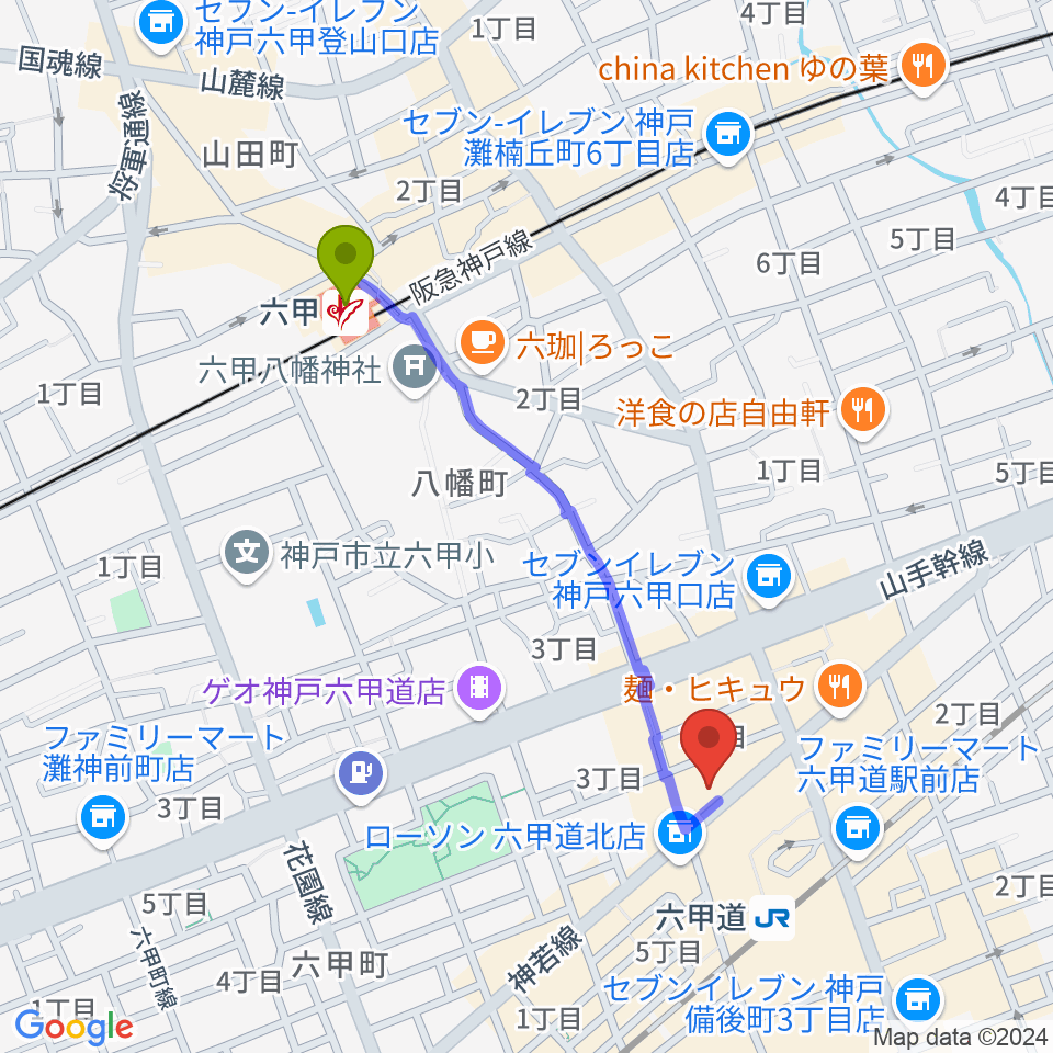 六甲駅から音楽練習室スタジオアコースティックへのルートマップ地図