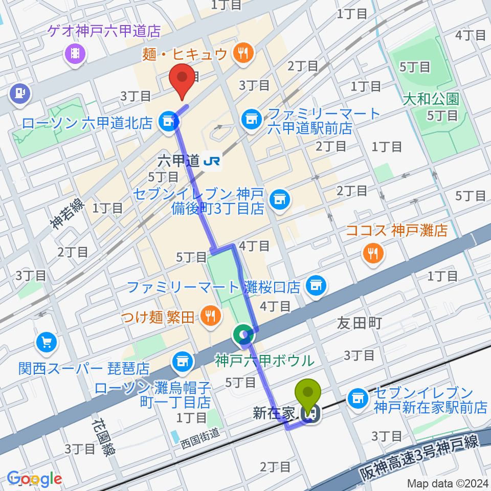 新在家駅から音楽練習室スタジオアコースティックへのルートマップ地図