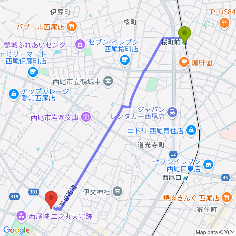 桜町前駅から中善ミュージック＆アートスクールへのルートマップ地図