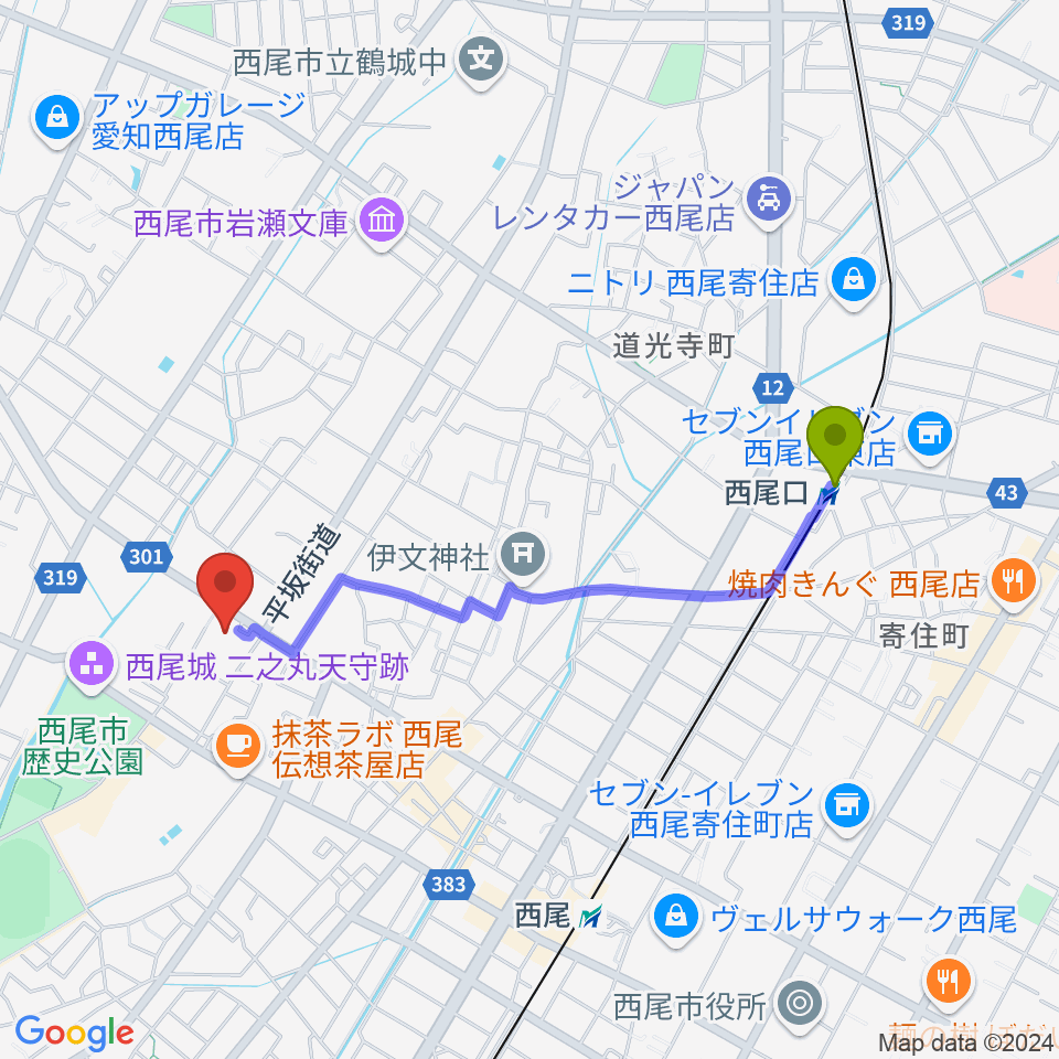 西尾口駅から中善ミュージック＆アートスクールへのルートマップ地図