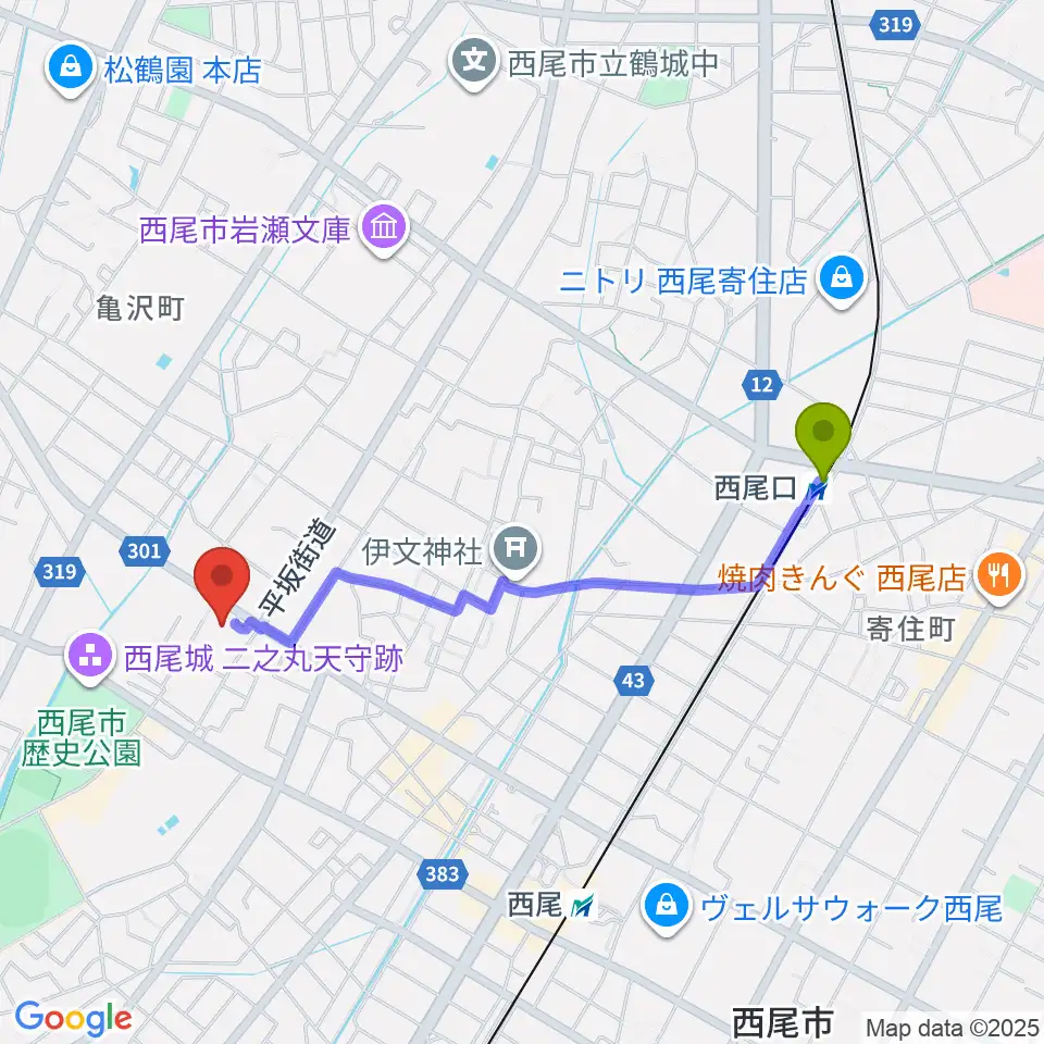 西尾口駅から中善ミュージック＆アートスクールへのルートマップ地図