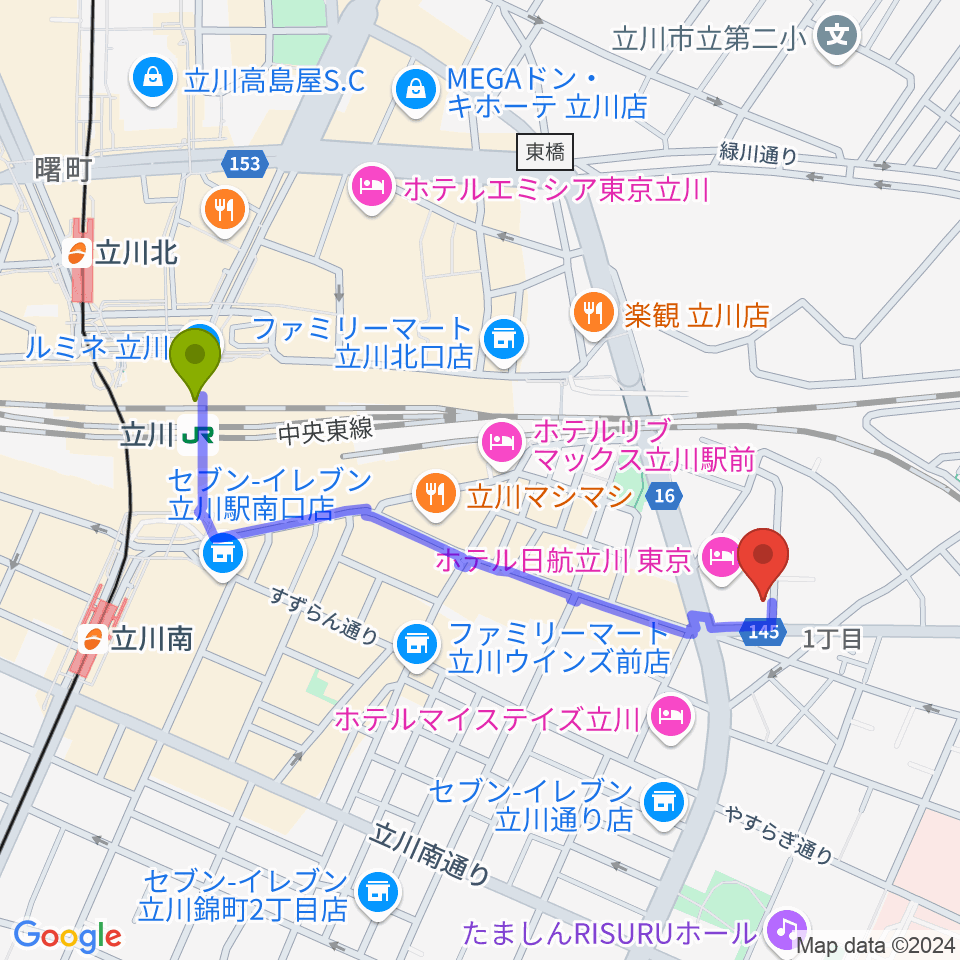 立川駅から日本和楽器製造へのルートマップ地図