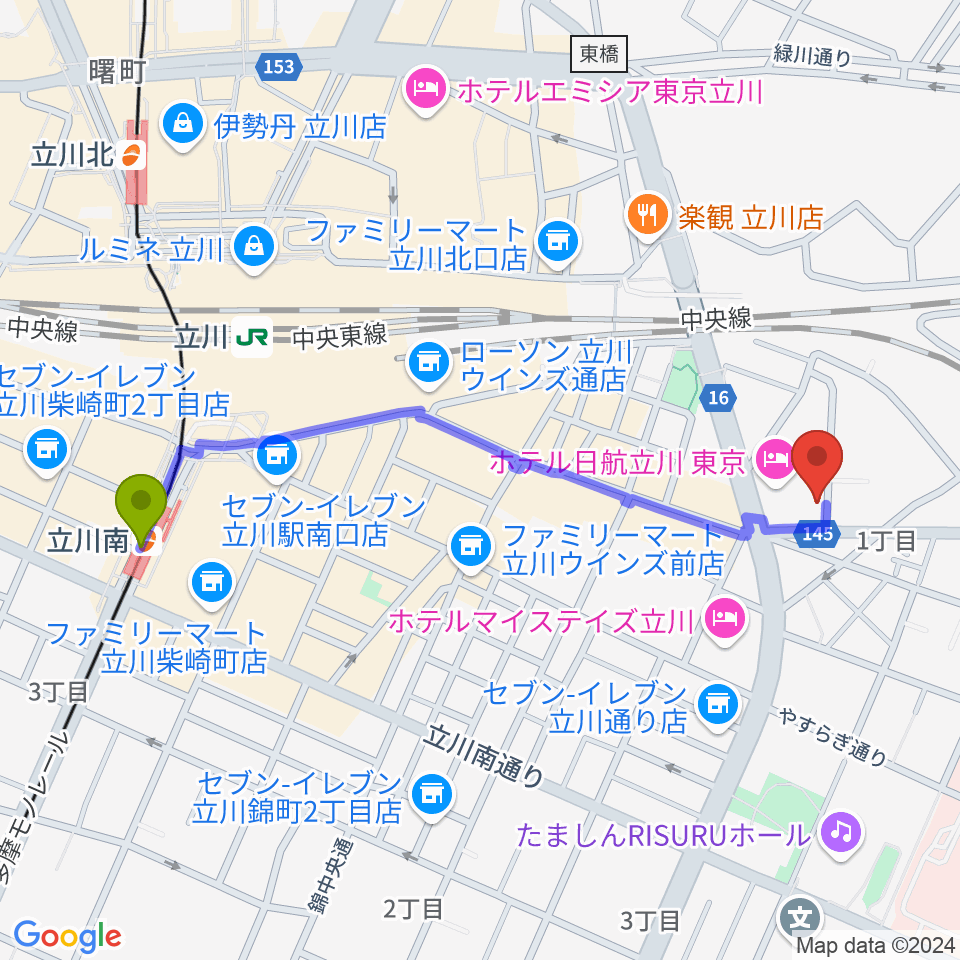 立川南駅から日本和楽器製造へのルートマップ地図