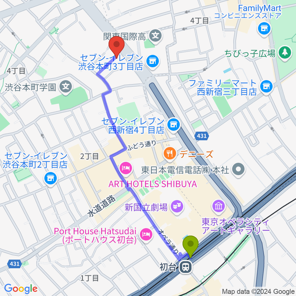 初台駅から香野弦楽器へのルートマップ地図