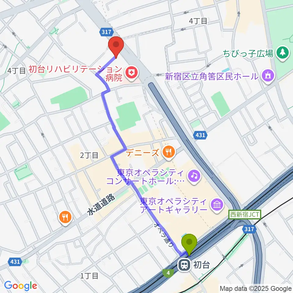 初台駅から香野弦楽器へのルートマップ地図