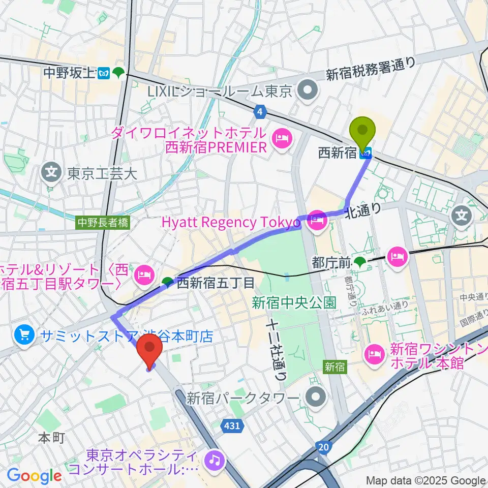 西新宿駅から香野弦楽器へのルートマップ地図