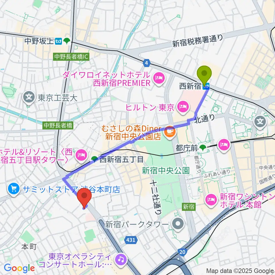 西新宿駅から香野弦楽器へのルートマップ地図