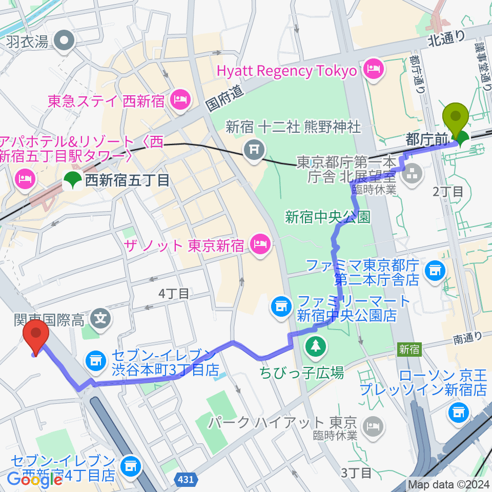 都庁前駅から香野弦楽器へのルートマップ地図