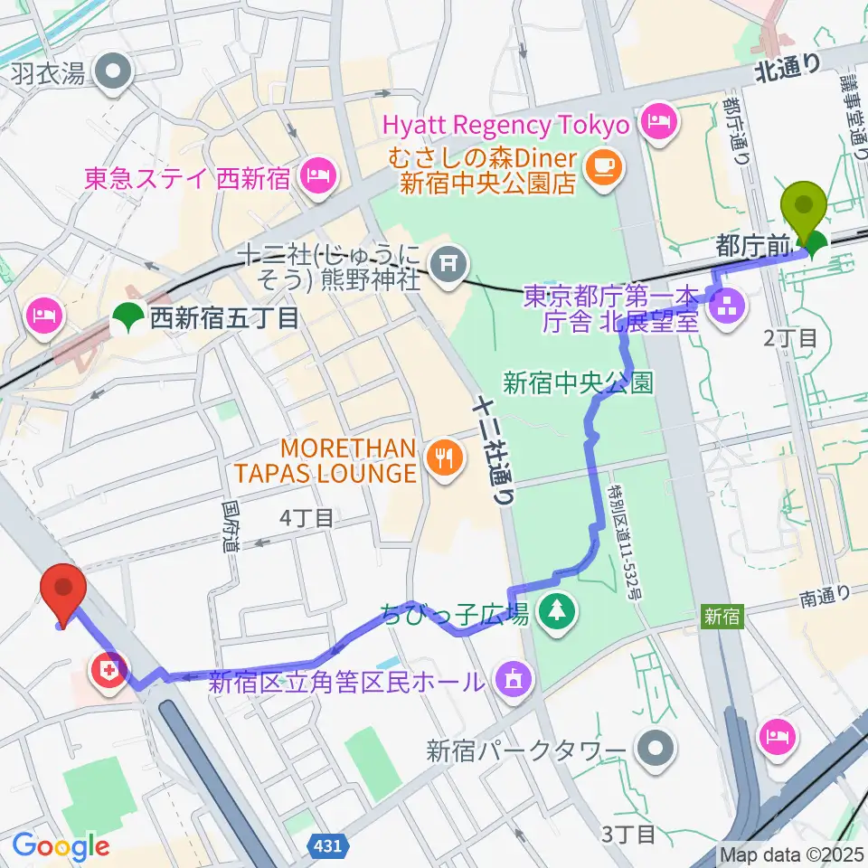 都庁前駅から香野弦楽器へのルートマップ地図