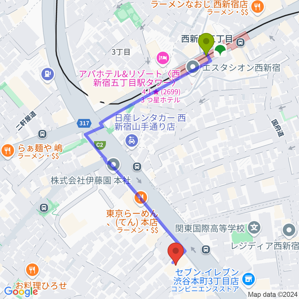 香野弦楽器の最寄駅西新宿五丁目駅からの徒歩ルート（約5分）地図