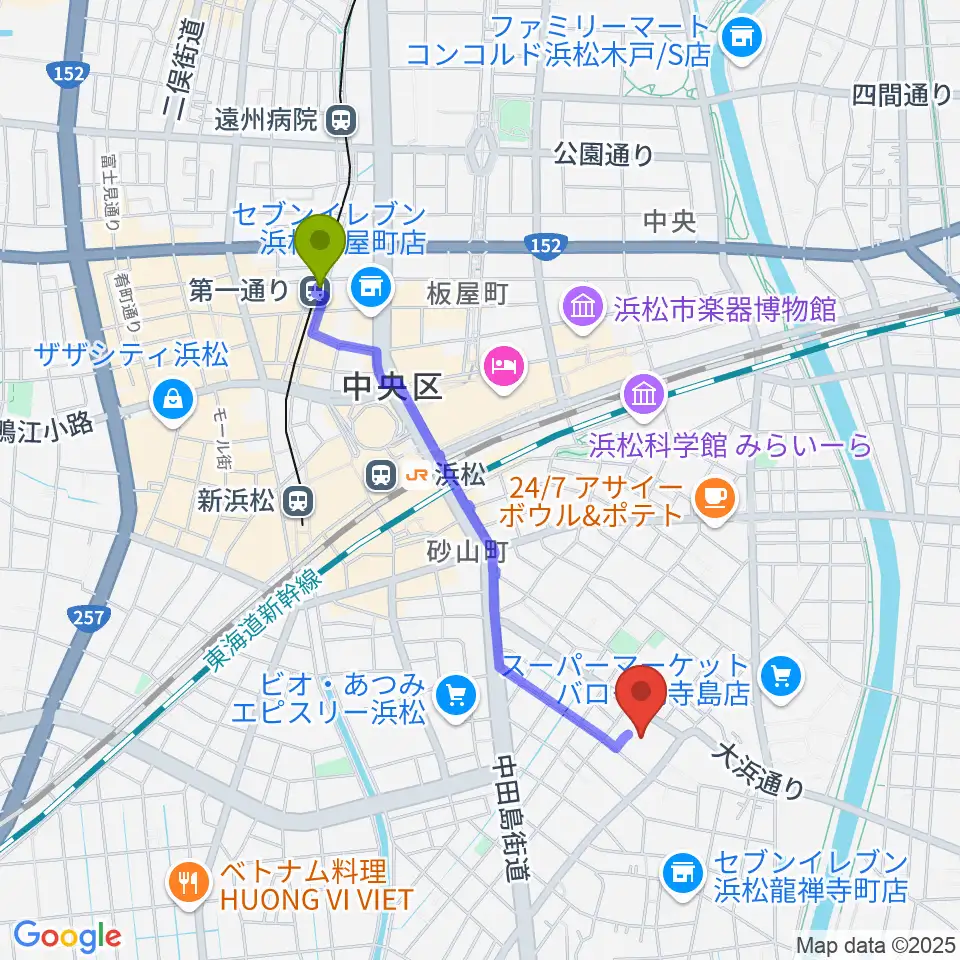 第一通り駅からカワイ音楽学園へのルートマップ地図