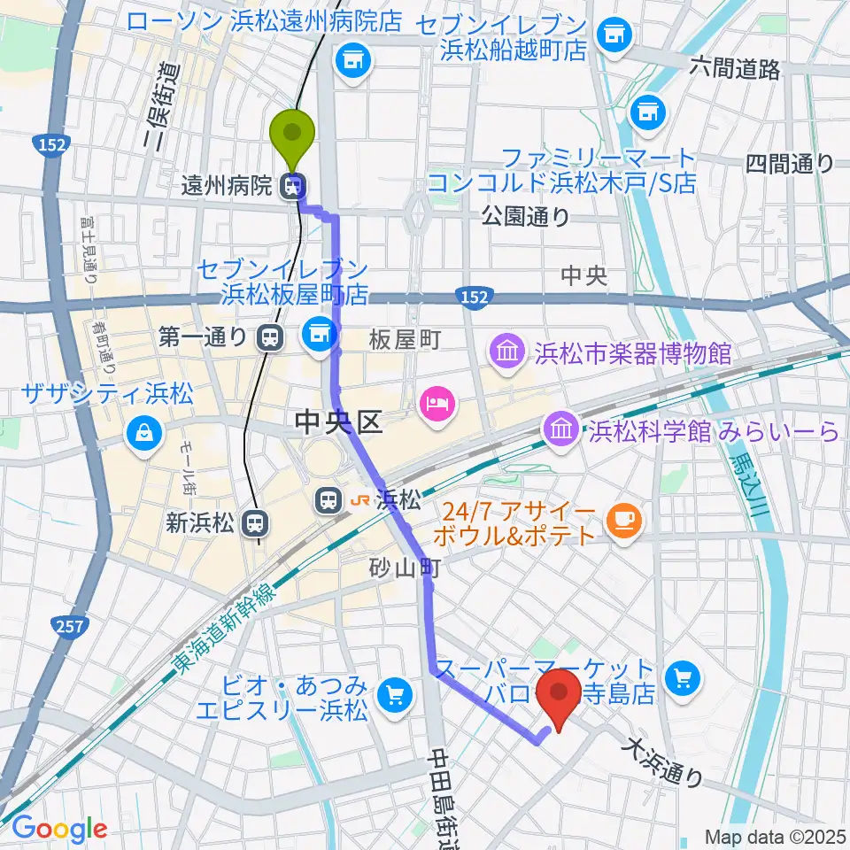 遠州病院駅からカワイ音楽学園へのルートマップ地図