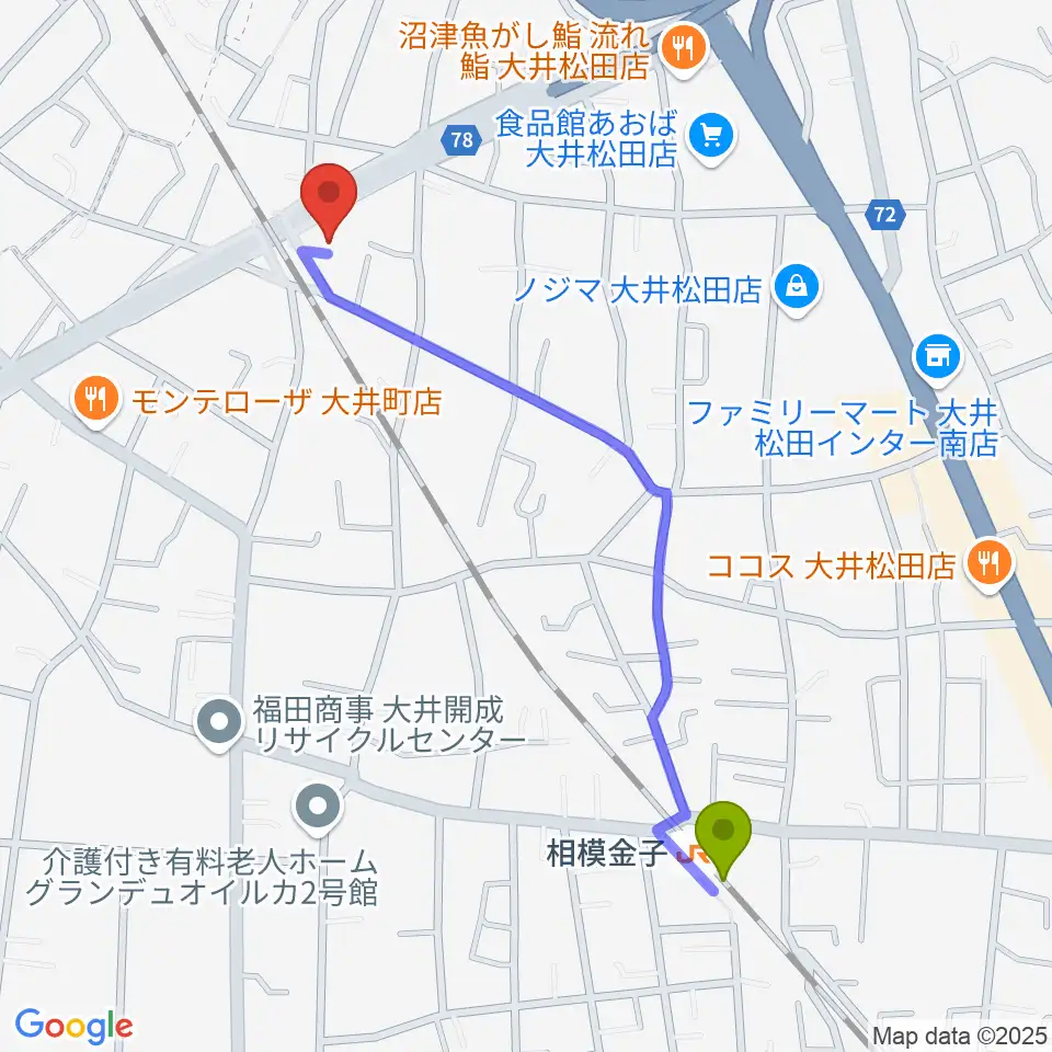 邦星堂和楽器店の最寄駅相模金子駅からの徒歩ルート（約11分）地図