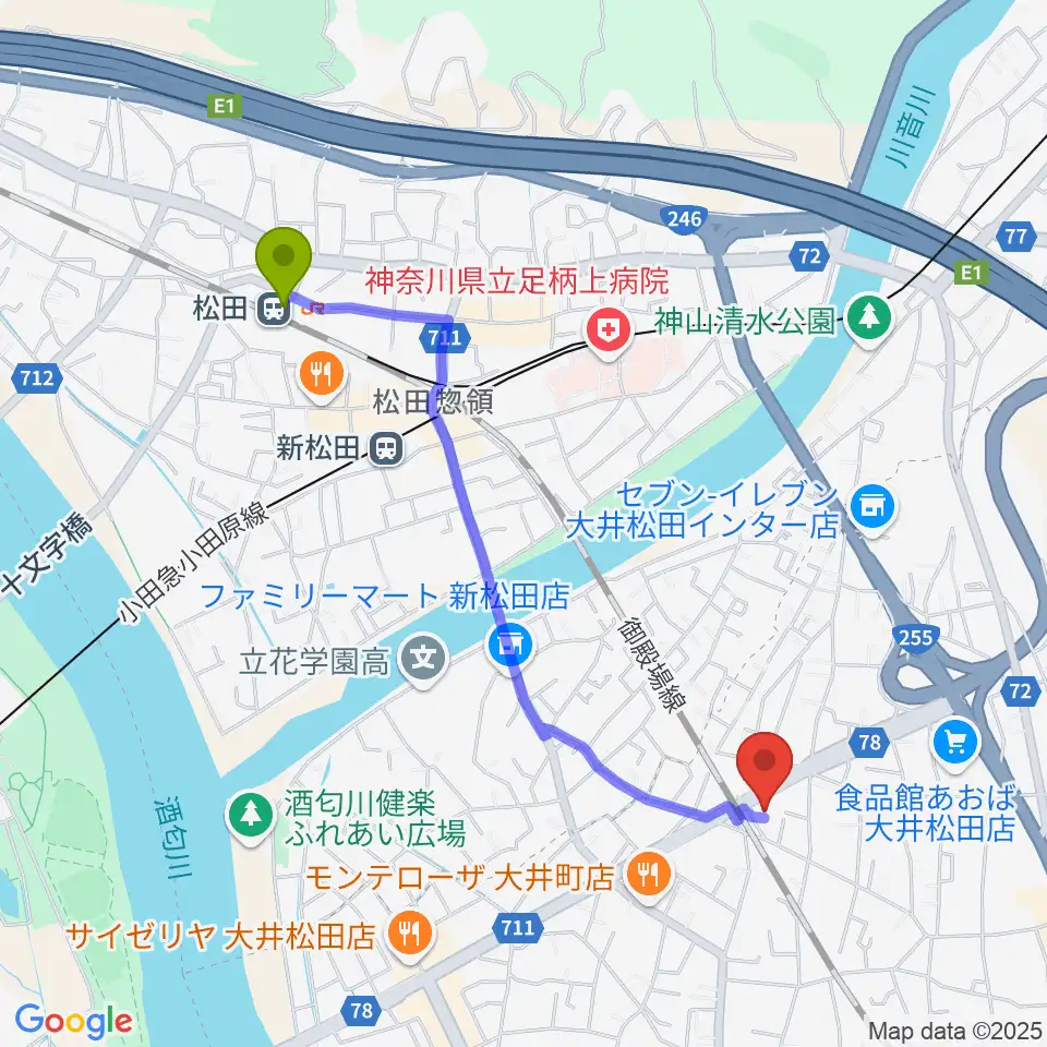 松田駅から邦星堂和楽器店へのルートマップ地図