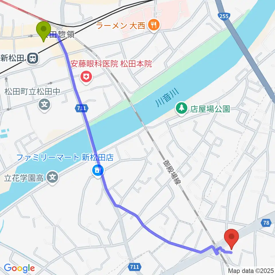 新松田駅から邦星堂和楽器店へのルートマップ地図