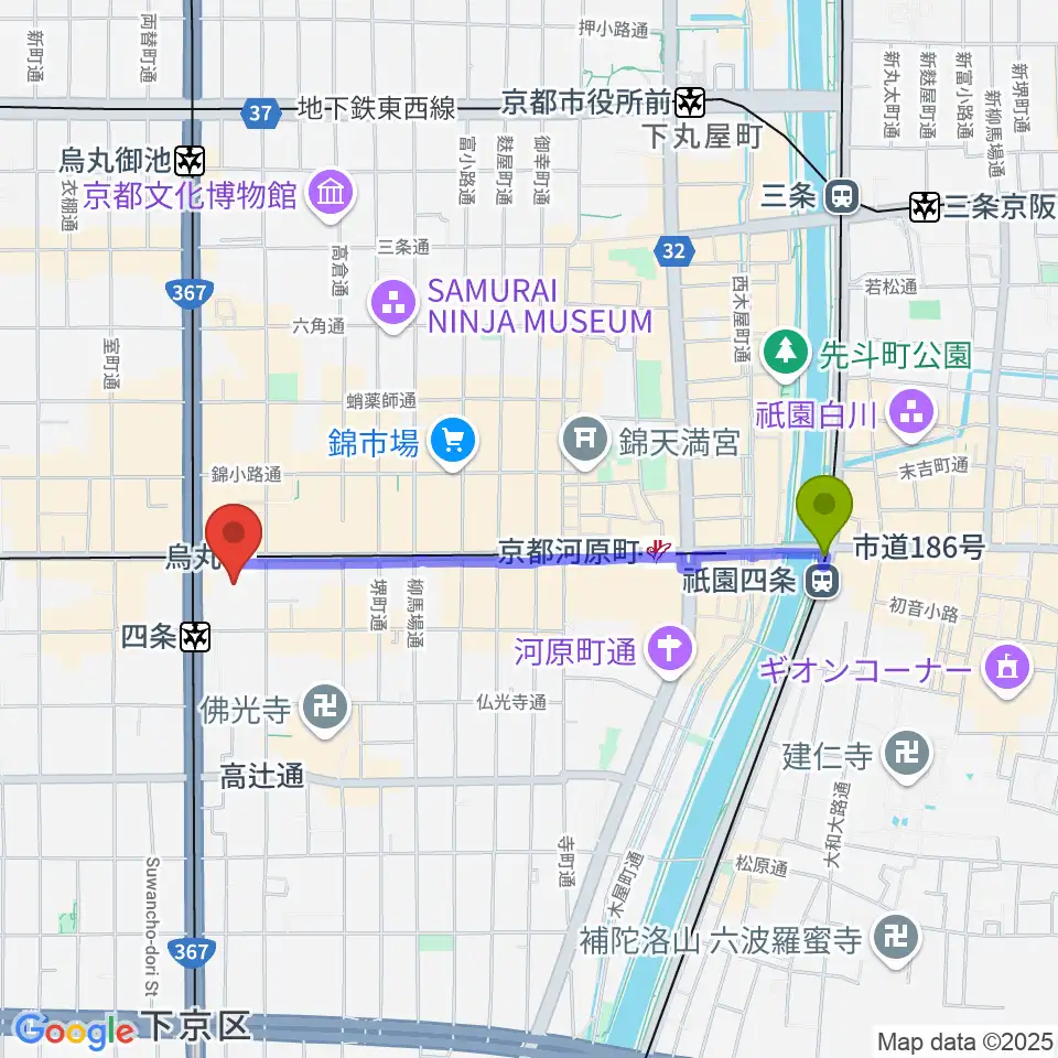 祇園四条駅からJEUGIAミュージックサロン四条へのルートマップ地図