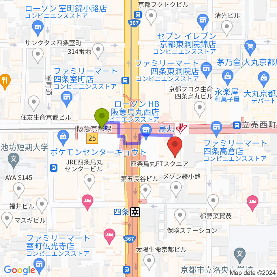 JEUGIAミュージックサロン四条の最寄駅烏丸駅からの徒歩ルート（約2分）地図