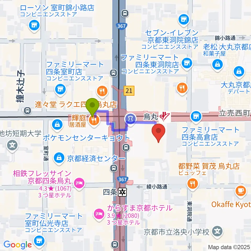 JEUGIAミュージックサロン四条の最寄駅烏丸駅からの徒歩ルート（約2分）地図