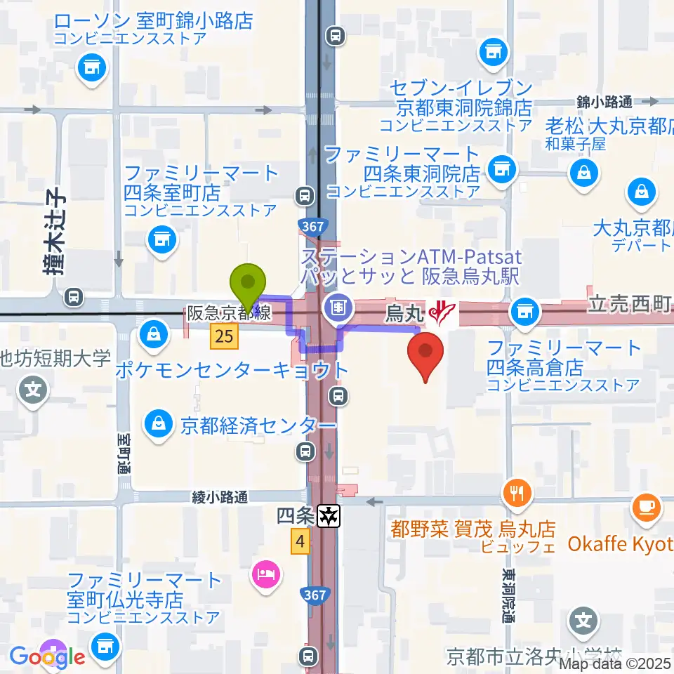 JEUGIAミュージックサロン四条の最寄駅烏丸駅からの徒歩ルート（約2分）地図