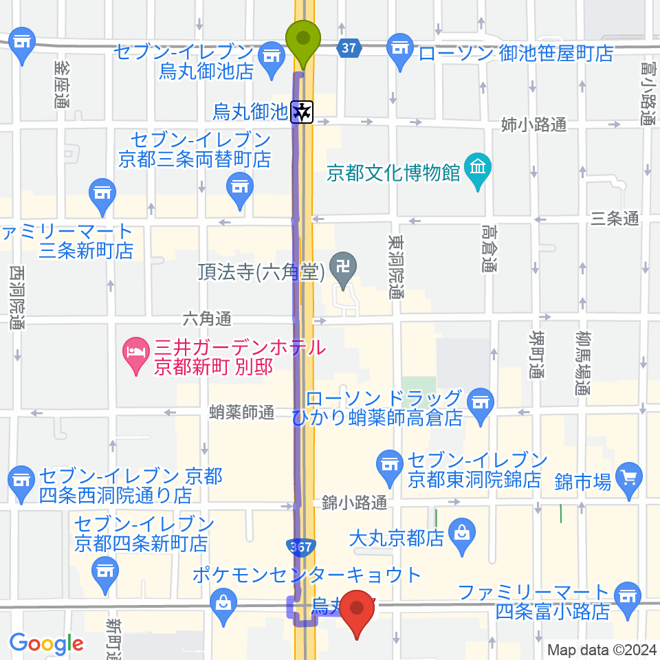 烏丸御池駅からJEUGIAミュージックサロン四条へのルートマップ地図
