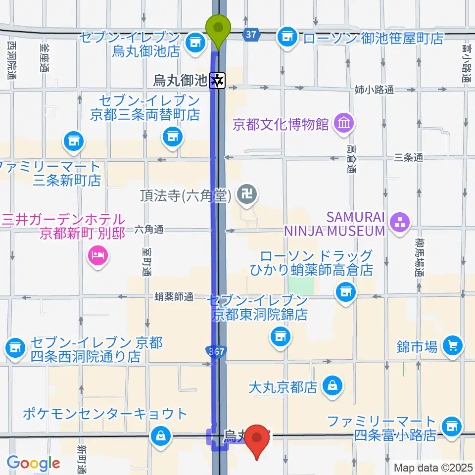 烏丸御池駅からJEUGIAミュージックサロン四条へのルートマップ地図