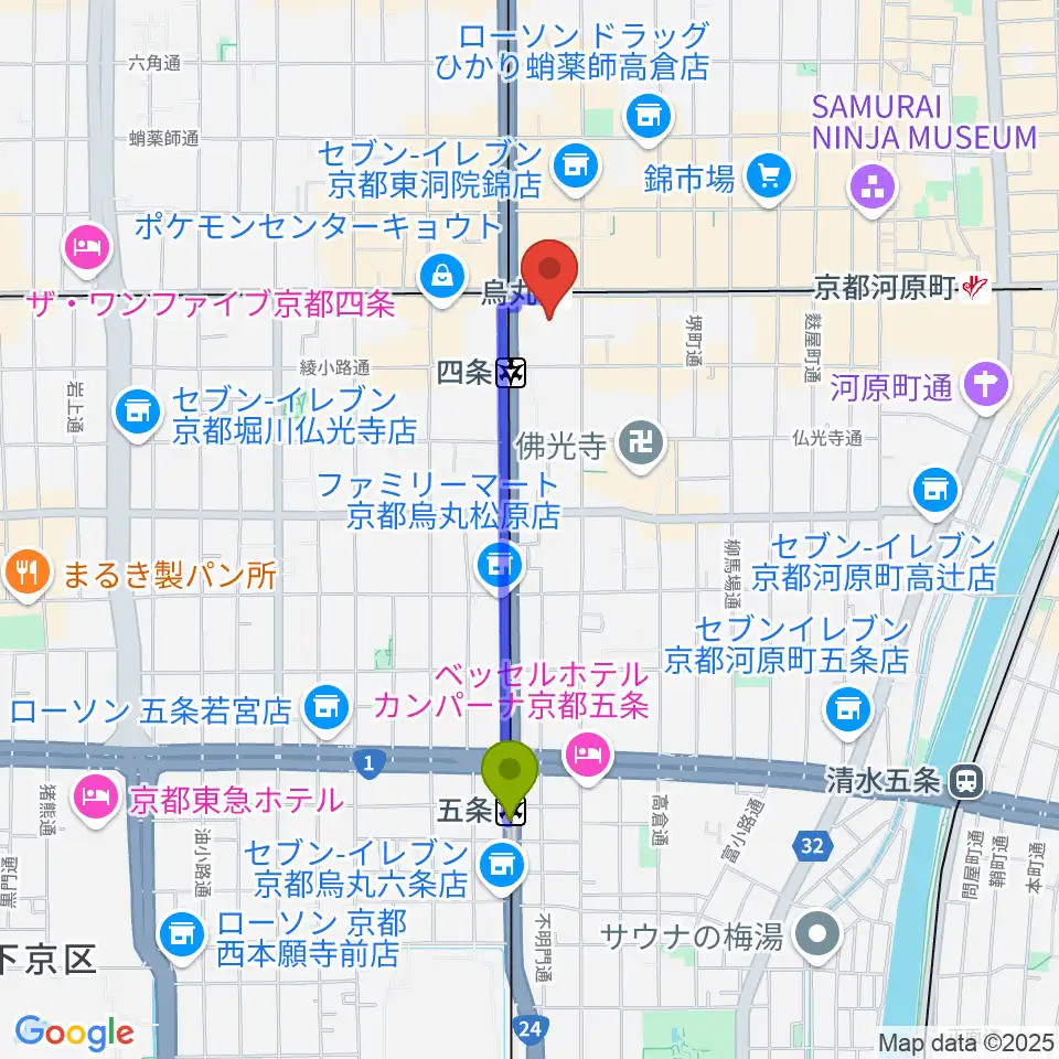 五条駅からJEUGIAミュージックサロン四条へのルートマップ地図