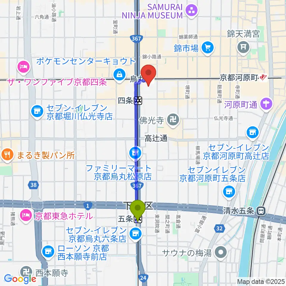 五条駅からJEUGIAミュージックサロン四条へのルートマップ地図