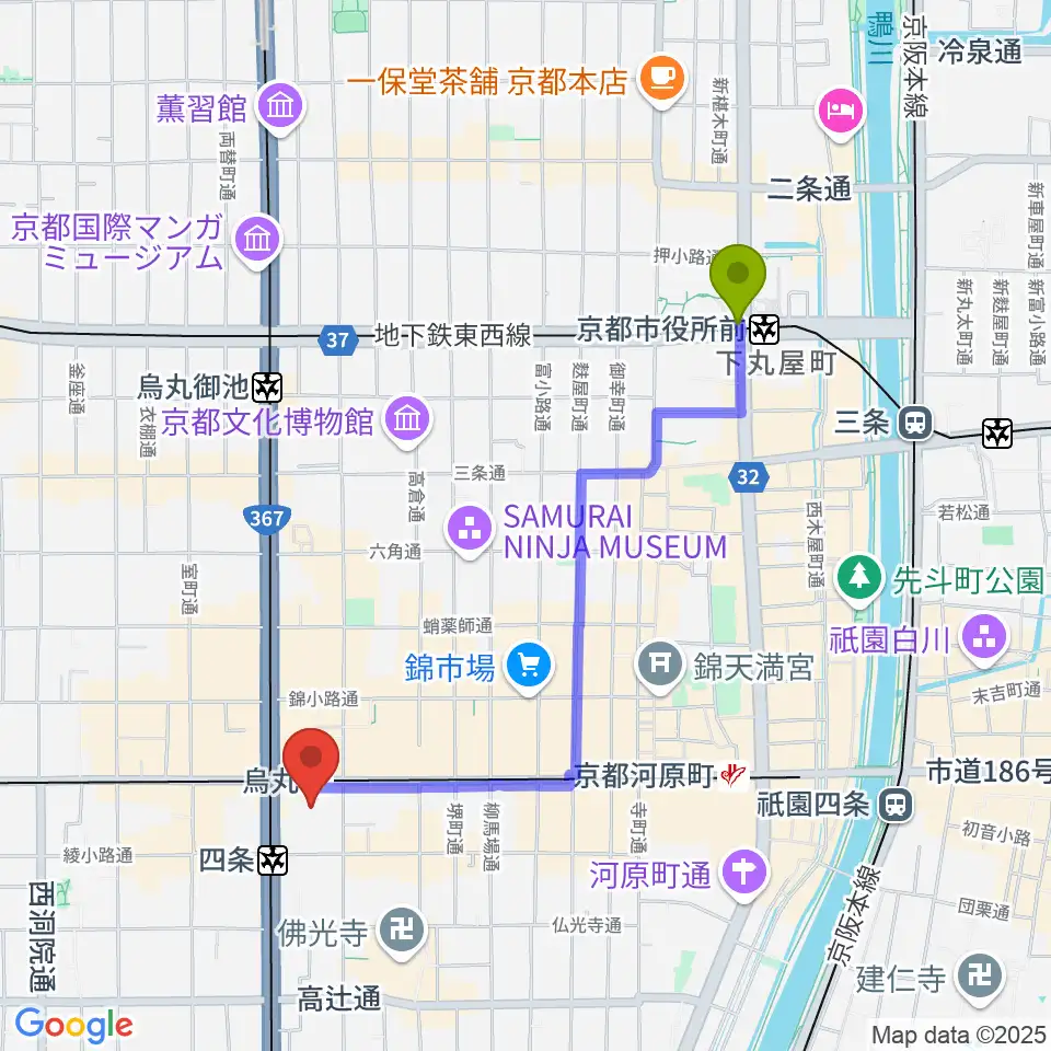 京都市役所前駅からJEUGIAミュージックサロン四条へのルートマップ地図