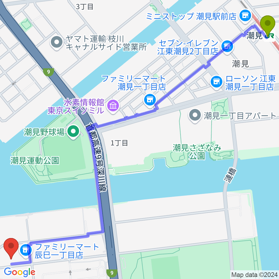 潮見駅から辰巳の森リトミック・ピアノ教室へのルートマップ地図