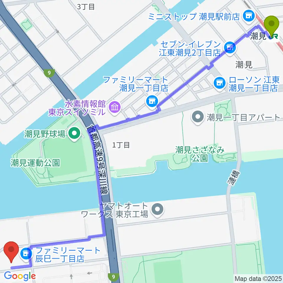 潮見駅から辰巳の森リトミック・ピアノ教室へのルートマップ地図