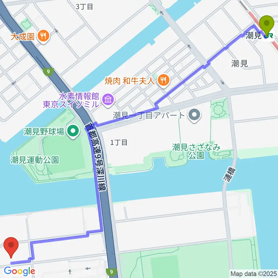 潮見駅から辰巳の森リトミック・ピアノ教室へのルートマップ地図