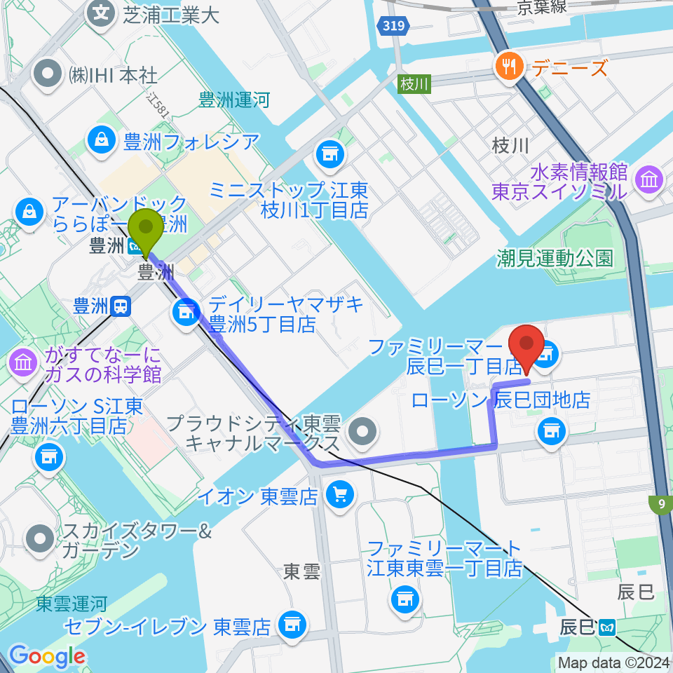豊洲駅から辰巳の森リトミック・ピアノ教室へのルートマップ地図