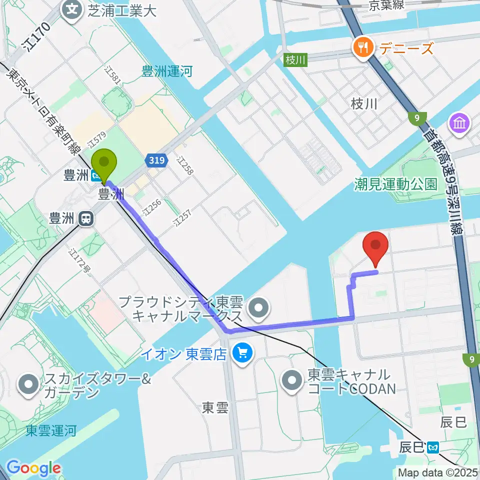 豊洲駅から辰巳の森リトミック・ピアノ教室へのルートマップ地図