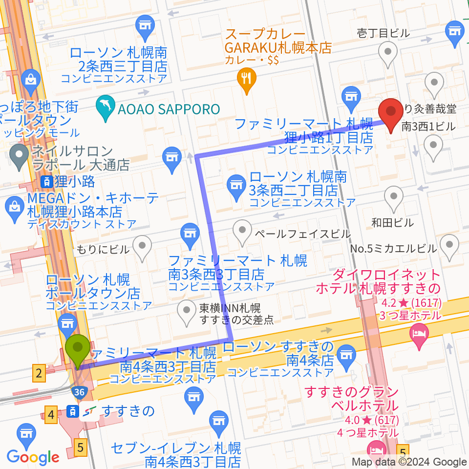 すすきの駅からBIGBOSS札幌へのルートマップ地図