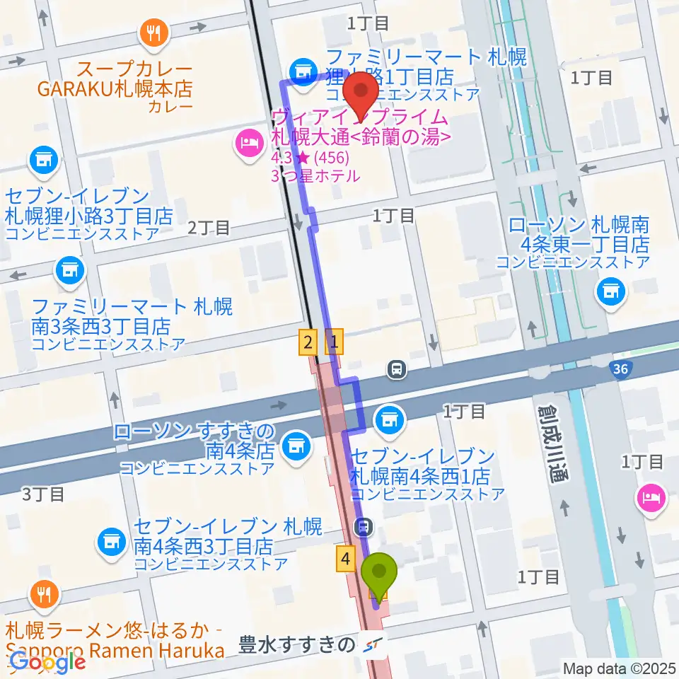 BIGBOSS札幌の最寄駅豊水すすきの駅からの徒歩ルート（約5分）地図