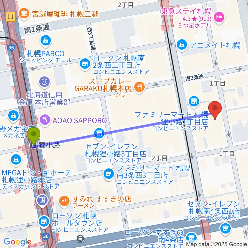 狸小路駅からBIGBOSS札幌へのルートマップ地図