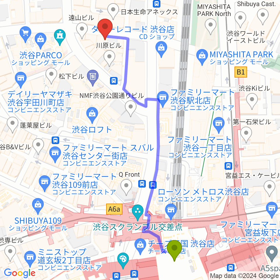 シアーミュージック渋谷校の最寄駅渋谷駅からの徒歩ルート（約6分）地図