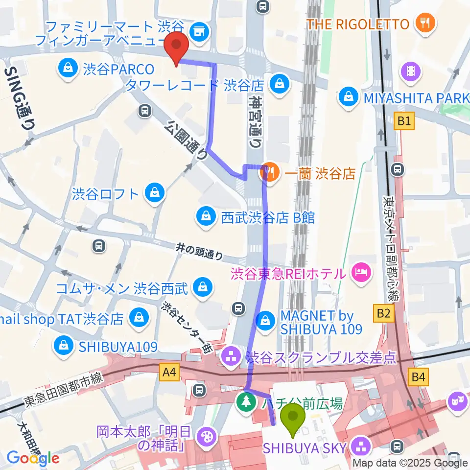 シアーミュージック渋谷校の最寄駅渋谷駅からの徒歩ルート（約6分）地図