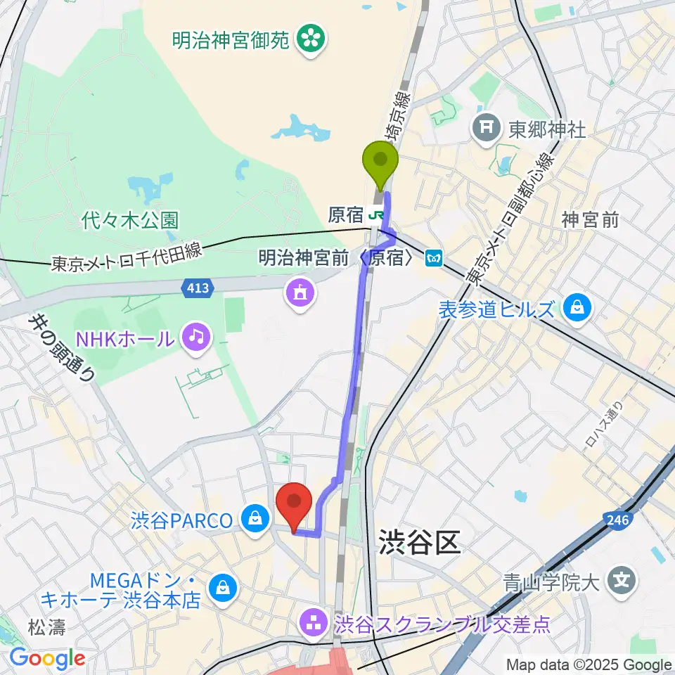 原宿駅からシアーミュージック渋谷校へのルートマップ地図