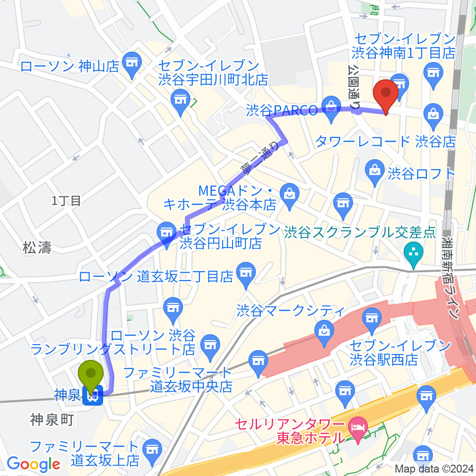 神泉駅からシアーミュージック渋谷校へのルートマップ地図