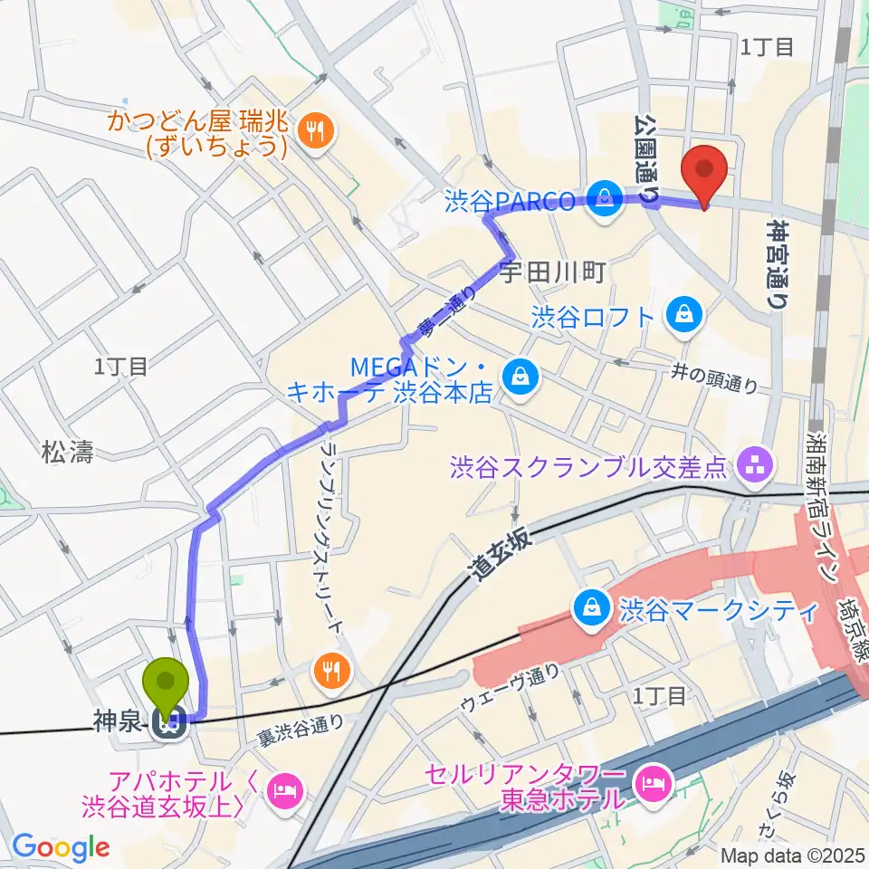 神泉駅からシアーミュージック渋谷校へのルートマップ地図