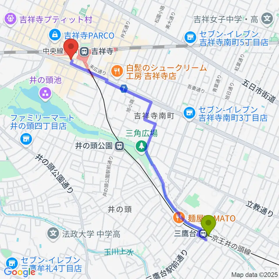 三鷹台駅からシアーミュージック 吉祥寺校へのルートマップ地図