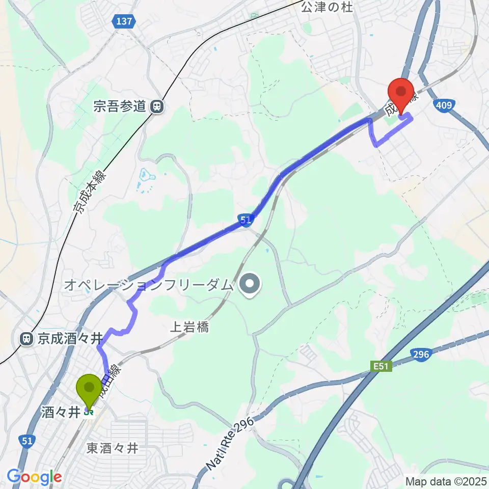 酒々井駅から高橋音楽教室へのルートマップ地図