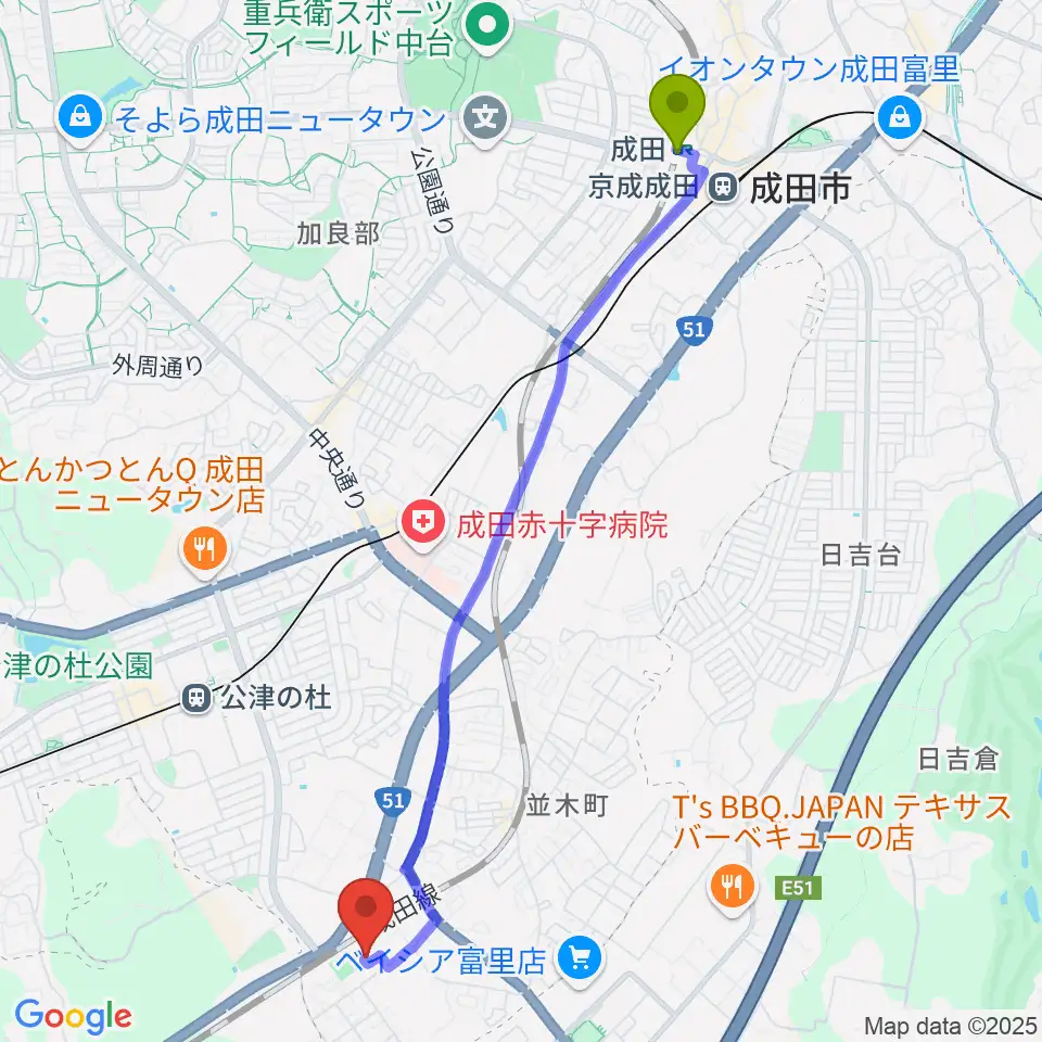 成田駅から高橋音楽教室へのルートマップ地図