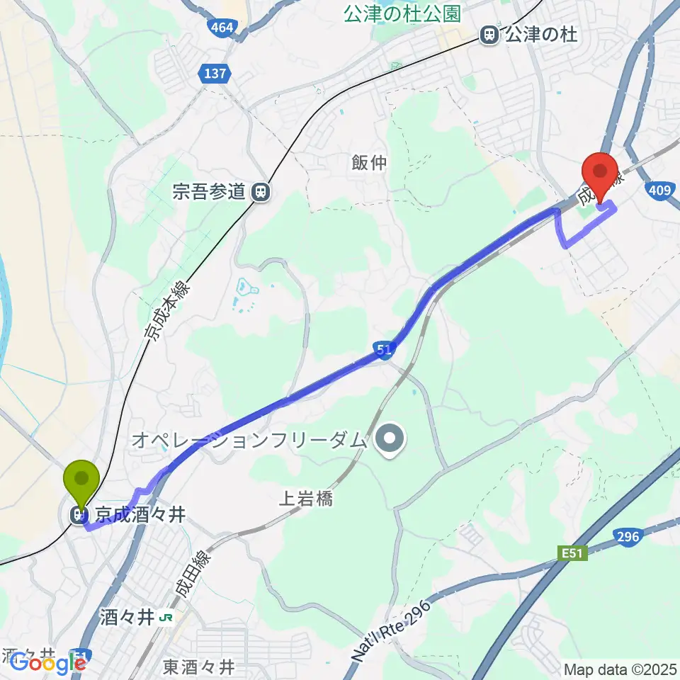 京成酒々井駅から高橋音楽教室へのルートマップ地図
