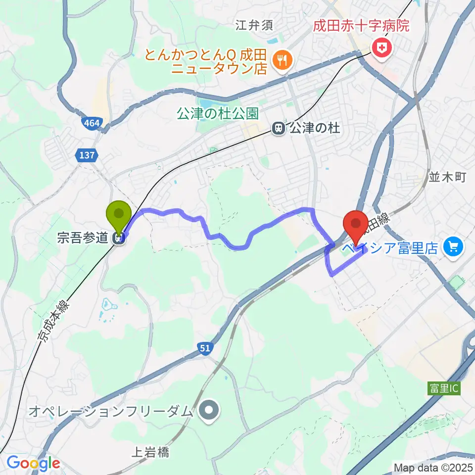 宗吾参道駅から高橋音楽教室へのルートマップ地図