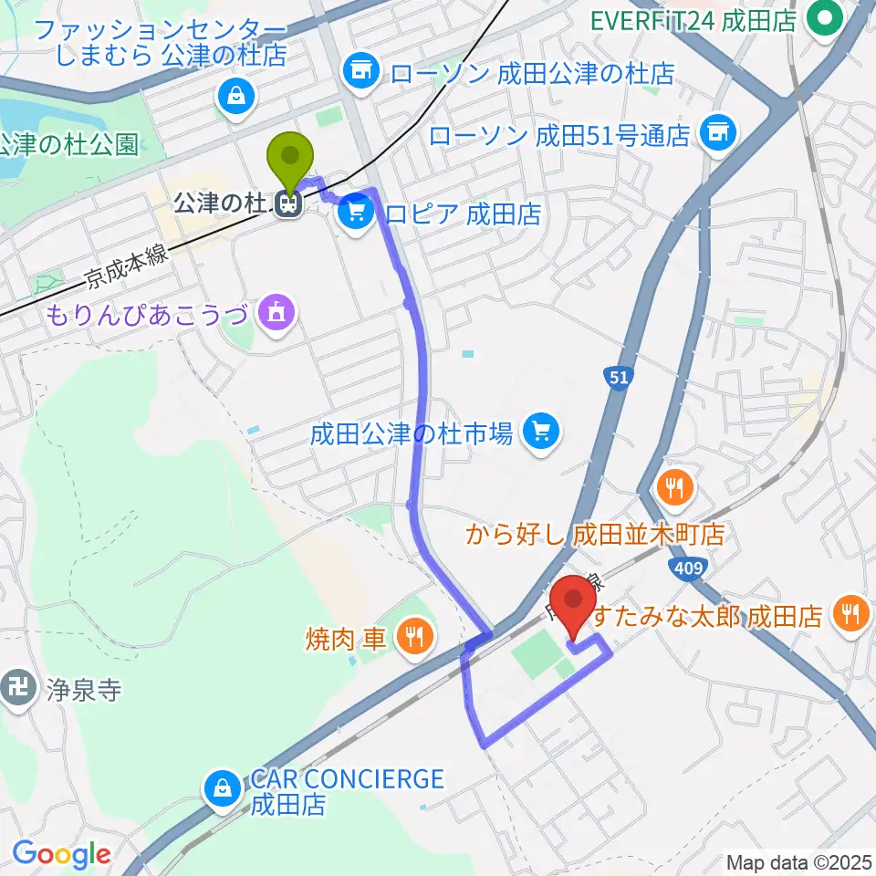 高橋音楽教室の最寄駅公津の杜駅からの徒歩ルート（約19分）地図